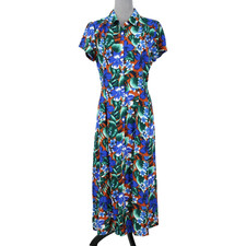J Crew Dress Womens Small Blue Rust Floral Shirtdress Maxi Hawaiian Fit n Flare