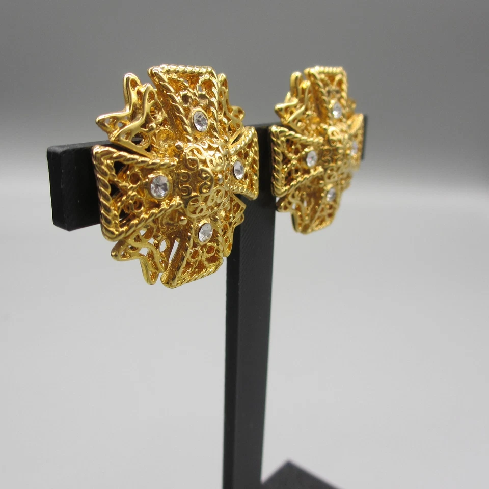 复古 KJL 耳环 马耳他十字水钻 金色 金银丝夹 — 第 2/4 张图片