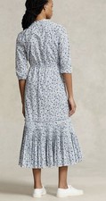 Polo Ralph Lauren Women's Blue Long Floral Pleated Dress drawstring belt US 6 M 