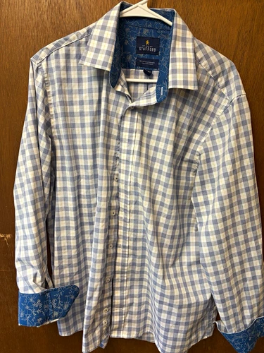 Stafford Men’s Regular Fit L Blue/White Plaid Spread Collar Button-Up Shirt - product listing photo