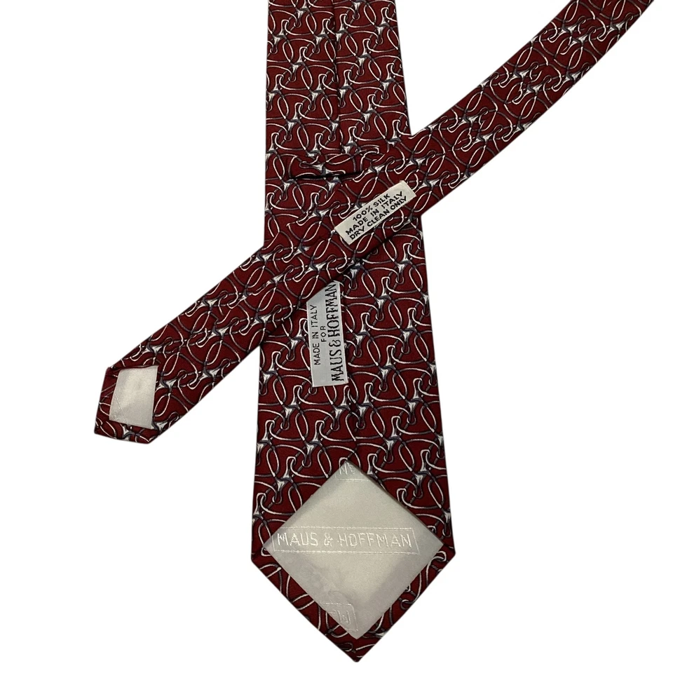MAUS & HOFFMAN Men’s 100% Silk Necktie ITALY Designer Geometric Burgundy GUC - Image 3 of 4