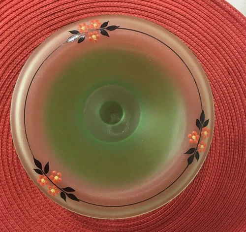 Vintage Green Vaseline Compote with Painted Floral Design