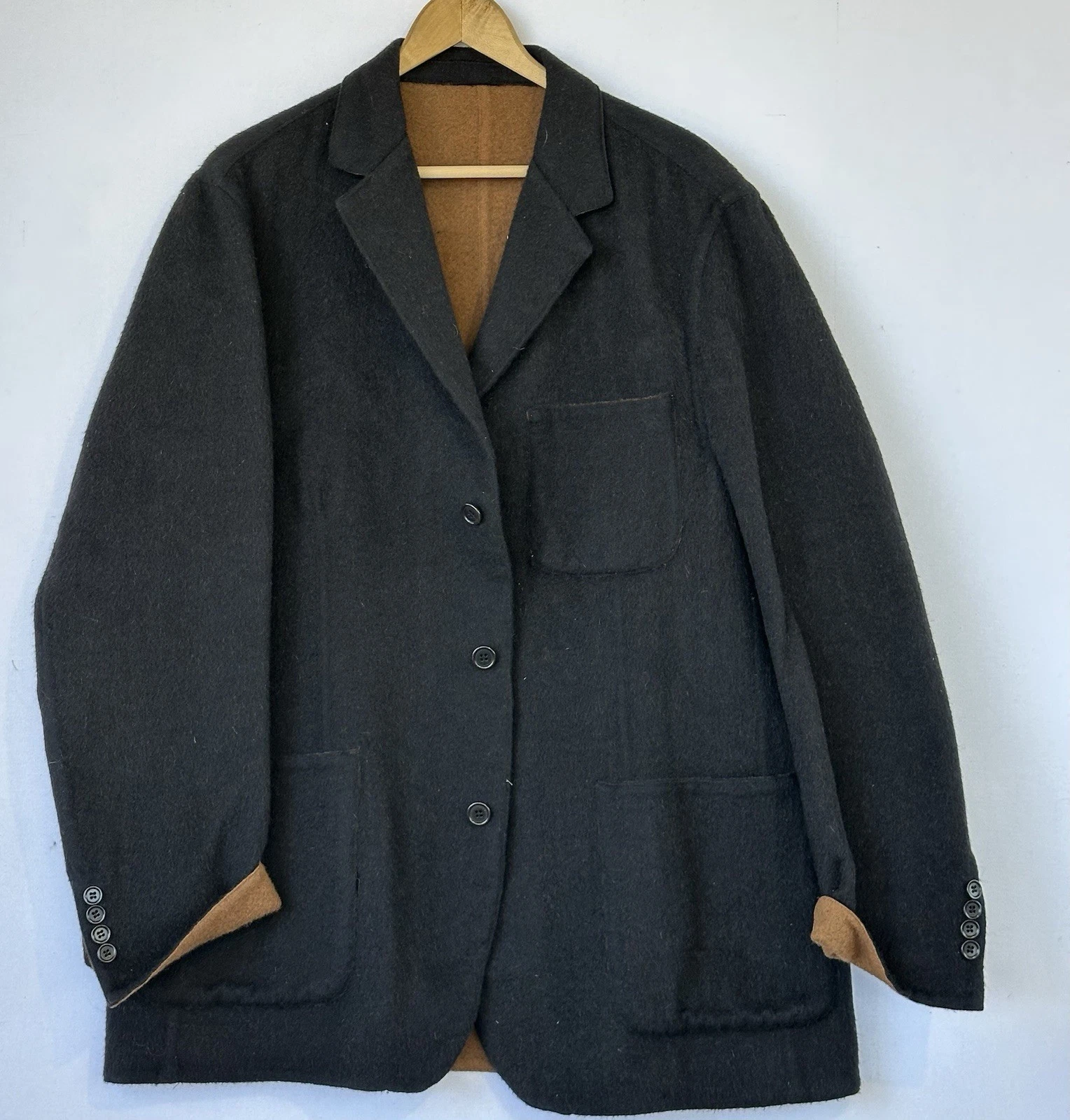 Baby Alpaca Wool Blazer Coat Soft Men's L Black Preppy Office Career