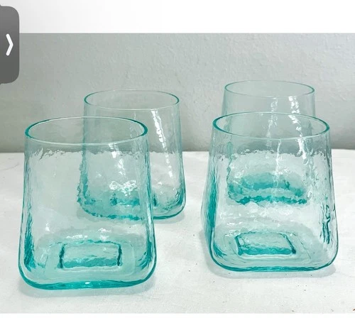 Set of 4 Sedona Textured Aqua/Teal-colored Lowball Drinking Glasses.