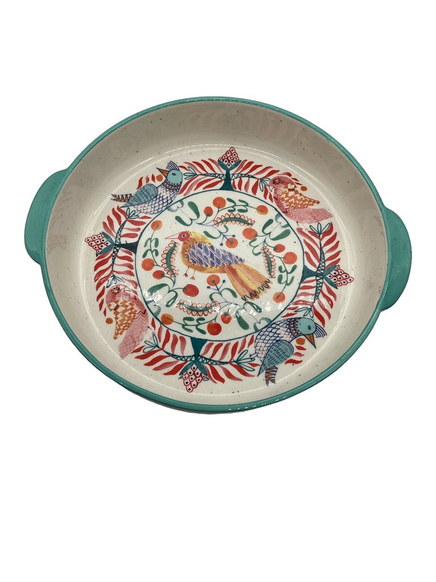 Anthropologie Annevieve Pie Dish Birds Flowers Stoneware
