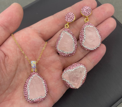 Fashion Natural Pink Jade 18KGP Necklace+Earring+ Open Adjustable