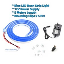 Image of 5 Meters Blue LED Neon Strip Light, 12V Power Supply With UK Plug, Mounting Clip