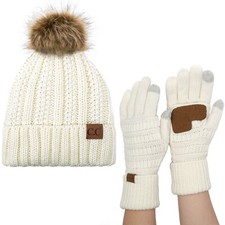 C.C Thick Cable Knit Faux Fur Pom Beanie Glove Set