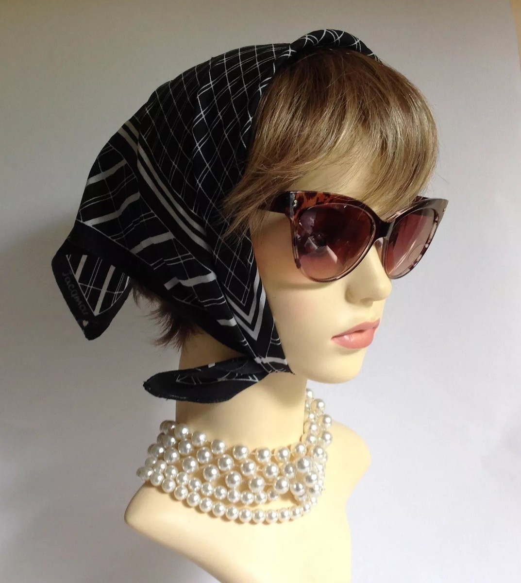 Jacqmar Vintage 1960s Scarf Black White Checked Lined Polyester 19