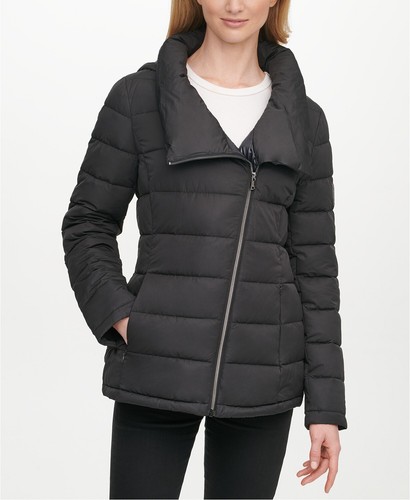 dkny black asymmetric padded jacket