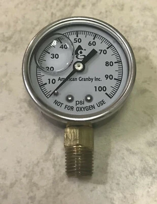 AMERICAN GRANBY 100 PSI Water Pressure Gauge 2" Dial Brass 1/4" Male NPT Well Pump Liquid Filled