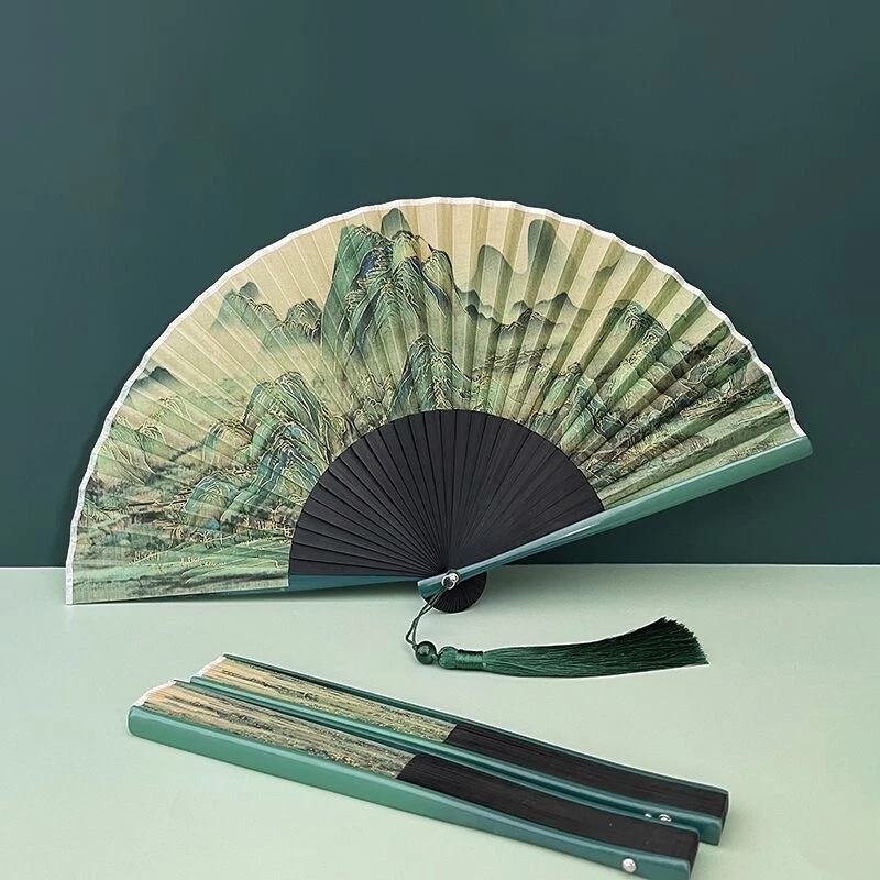 Ventilador Plegable de Bambú Chino 8.7 Pulgadas Portátil Vintage Pintura de Paisaje Verde Foto 3 de 4