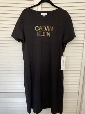 NWT Calvin Klein Multi Rhinestone Logo Black T-Shirt Dress Large