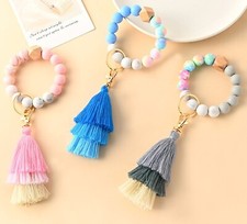 Beaded Tassel Keychain Bracelet Pastel Color Fashion Bead Wristlet Keyholder