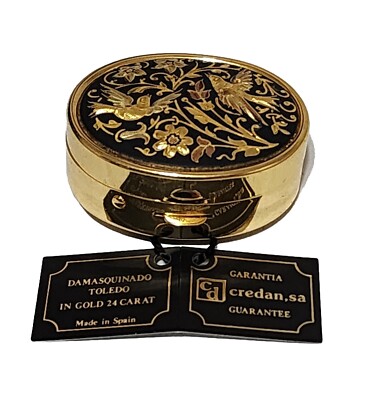 Damascene Gold Dove & Flower Oval Pill Box Made In Spain 