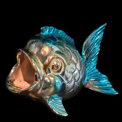 BIG MOUTH FISH ASHTRAY Vintage Metallic Blue Gold 1950s Retro
