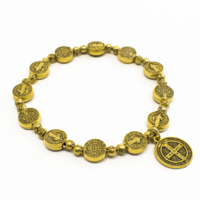 Gold-Tone Saint St Benedict Medal Rosary Bracelet - Christian Religious Jewelry