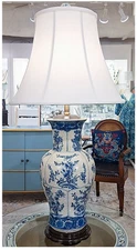 Blue, White Porcelain Baluster Chinoiserie Lamp. Hand Painted. With Lampshade