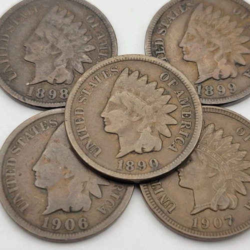 5 Indian Head Pennies / 1890, 1898, 1899, 1906 & 1907 / You Buy What You See