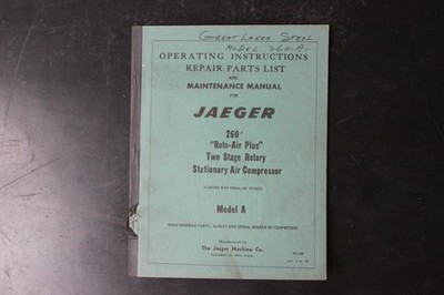 Jaeger Model 260-A Roto-Air Plus Air Compressor Parts Operating Manual RC210