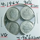 1964 (P) A Lot Of 4 Roosevelt Dimes VG Condition All 90% Silver Look See & Judge
