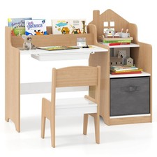Kids Desk and Chair Set with Open Shelves Drawer Fabric Storage Bin