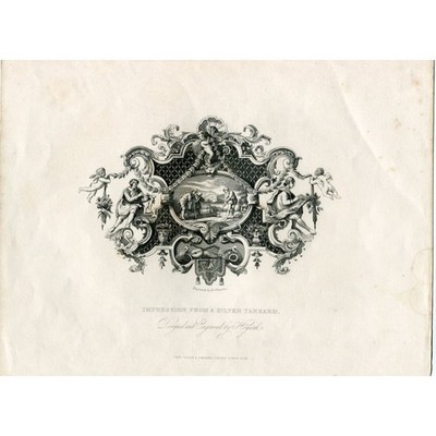 After William Hogarth. 1833 engraving. Impression from a silver tankard