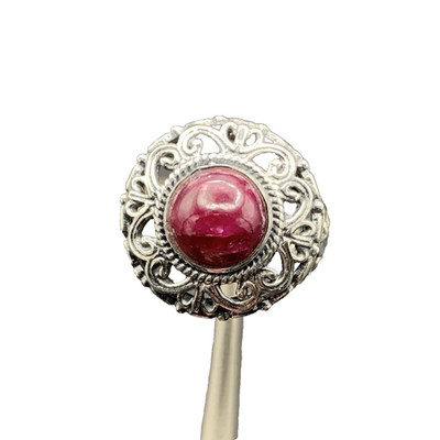 Sterling Silber Rubin Cabochon Ring Größe 6,75 filigran Herz Cut Out Band  
