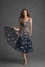 NEW, Mac Duggal V-Neck Midi Floral Beaded A-line Dress in Navy Sz 4 #MD2695