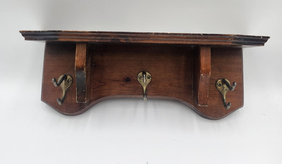 18 in Vintage solid rustic wood Hook Tree wall brass hooks shelf