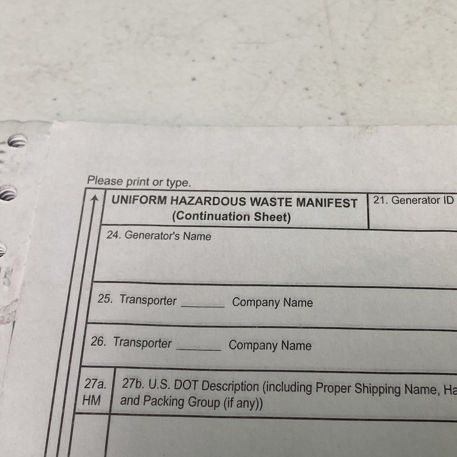 Uniform Hazardous Waste Manifest Continuation Sheet EPA Form 870022A