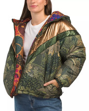 Farm Rio Green Cool Leopard Hooded Metallic Reversible Puffer Jacket Sz S Nwt