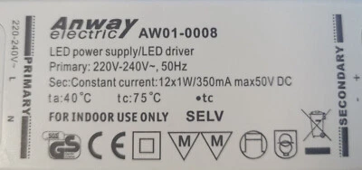 Paulmann Repuesto LED Driver para ANWAY AW01-0008 Transformador 15W Transformador 350mA N0