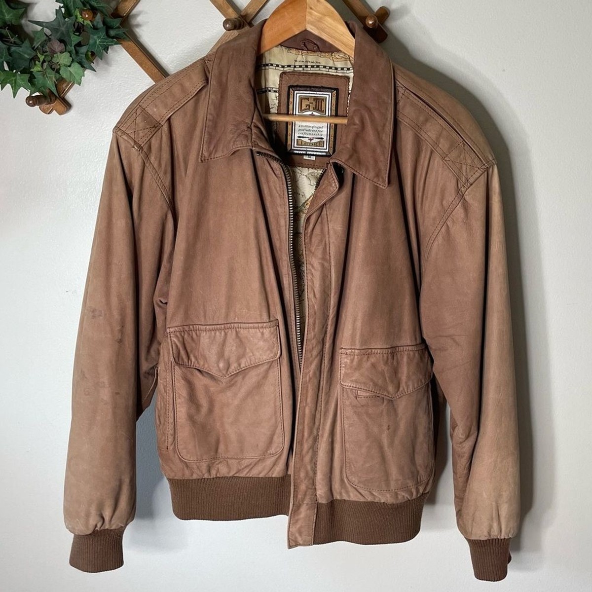 G3 genuine leather men's vintage brown bomber jacket map lining size  medium