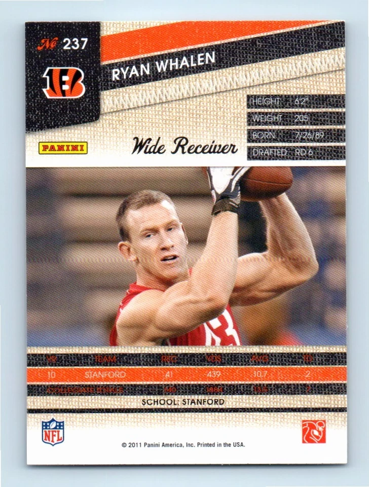 #237 2011 Panini Threads Ryan Whalen RC Cincinnati Bengals - Image 2 of 2