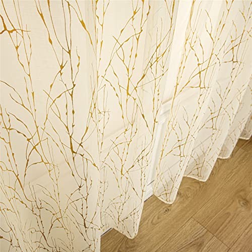Cream Sheer Curtains 96 inch Length 2 Panels, Tree Branch Gold Foil Print - Picture 4 of 8