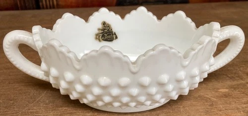 Vintage Fenton Glass Oval Nut Candy Dish 2 Handles Hobnail White Milk Glass