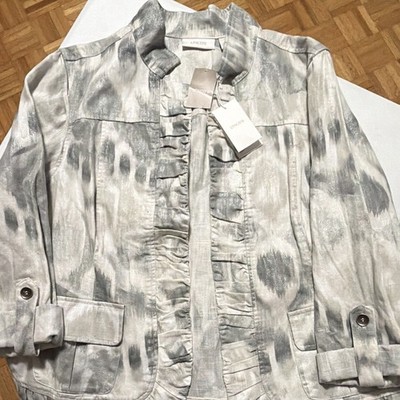 Chico's Gray/White Abstract Linen Open Front Ruffle Trim Jacket Women's 2