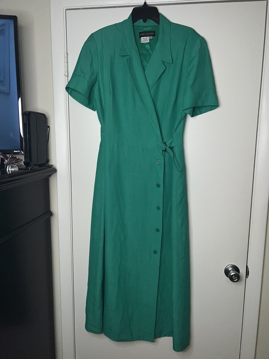 Women’s Donna Morgan Emerald Green Button Down Silk Linen Lined MIDI Dress  Sz 16