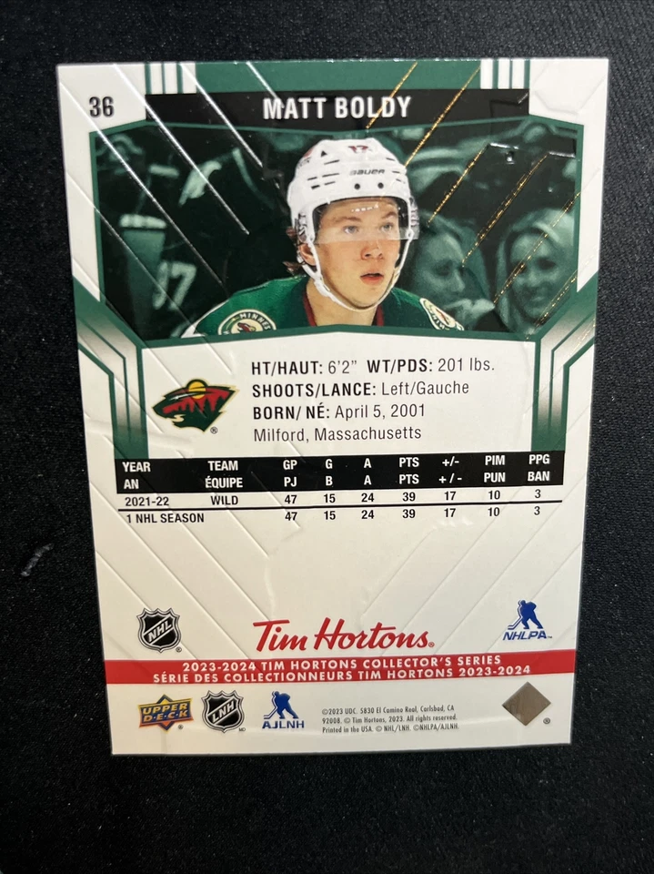 23-24 UD Tim Hortons Collectors Series Hockey 36 Matt Boldy - Image 2 of 2