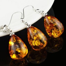 Bernstein Schmuck Set Faux Amber Tropfen Halskette mit Anhänger und Ohrringe 
