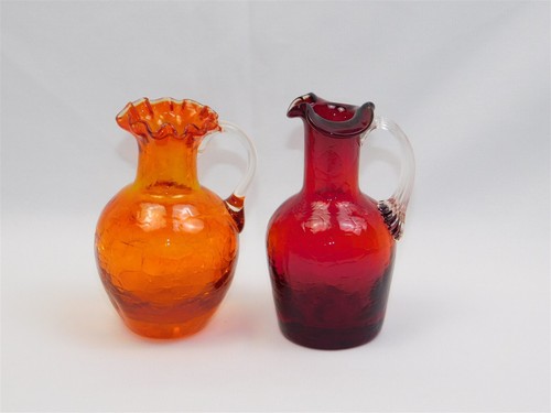 2 Vtg Amberina Red Tangerine Crackle Glass Pitchers MCM 4.5" - Picture 3 of 6