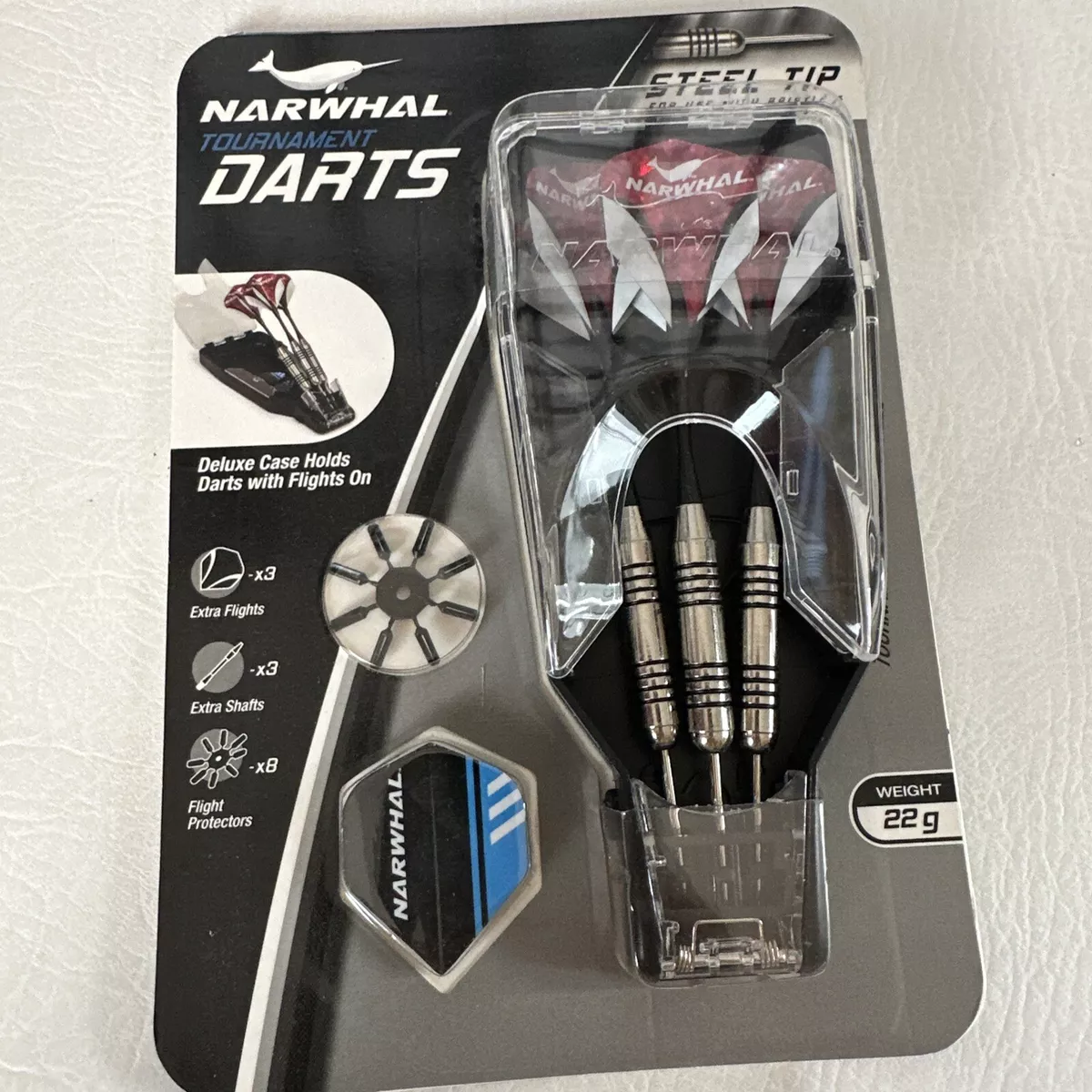 Narwhal Tournament steel Darts 22g Deluxe Set + Extra Shafts Flights Tips NEW