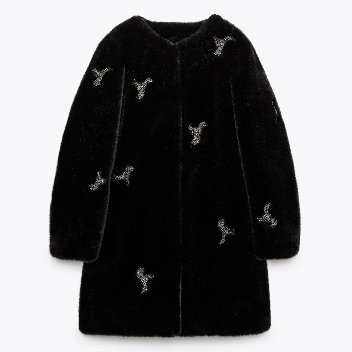ZARA FAUX FUR COAT BLACK ROUND NECK SIZE L REF. 4360 046