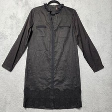 Elie Tahari Black Crochet Fringe Neckline Linen Long Sleeve Dress Size Medium