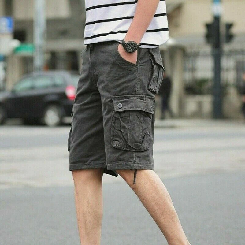 Men Cargo Combat Shorts Half Pants Cotton Multi Pocket Knee Length Casual  Beach