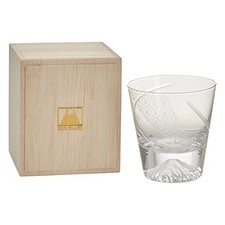 Tajima Glass Edo Glass Mt. Fuji Rocks Glass in Wooden Box Chrysanthemum Pattern