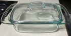 PYREX VTG BLUE CLEAR GLASS 2QT 1.9L CASSEROLE DISH LID 9x7 W HANDLES USA C624 17