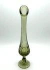 Vintage Fenton Avocado Green Thumbprint Swung Glass Vase w/ Pedestal Base ~ 11"