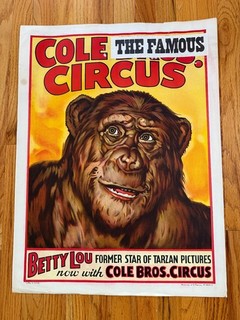 Original 1940's Cole Bros. Circus Poster Betty Lou of Tarzan Movies 21 x 28
